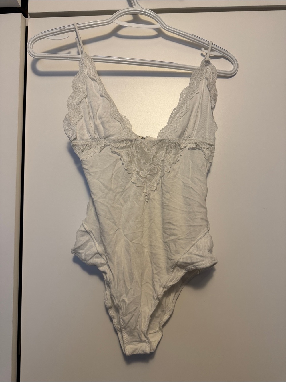 Free People White Lace-Trim Tank Bodysuit